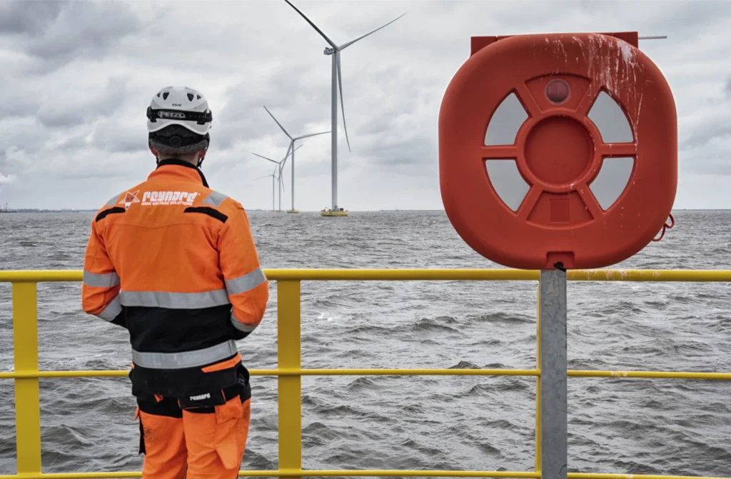 Synergy between Reynard and WTS Energy powering the future of offshore wind energy. A Reynard High Voltage Solutions worker in an orange safety suit stands on a platform overlooking offshore wind turbines, illustrating the synergy between Reynard and WTS Energy in advancing offshore wind energy projects.